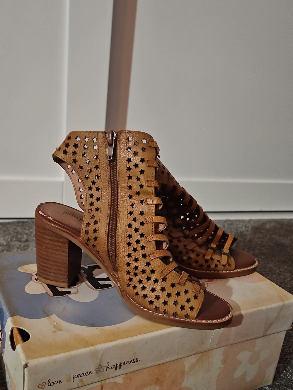 Jeffrey Campbell Tan Star Cutout Block Heel Sandals